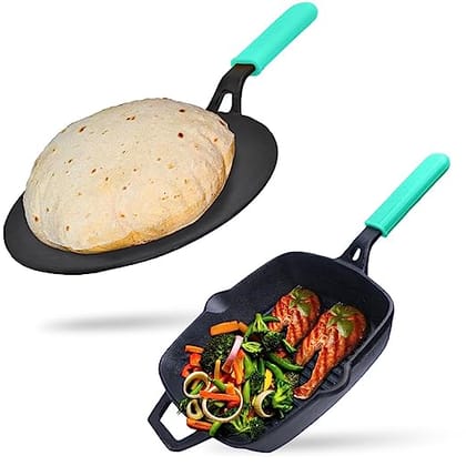 GEMMA Combo of 2, Pre-Seasoned Cast Iron Concave Natural Non-Stick Roti Chapati Tawa with Castiron Nonstick Cookware Grill Pan| Induction N Gas Friendly | Black