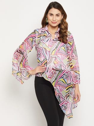 Printed Shirt Collar Long Sleeves Tunic
