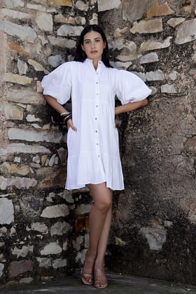 BAILEY - Mandarin Collar Shirt Dress-XS / WHITE