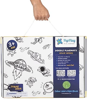         PepPlay Reusable 2 Coloring Placemats Sheet with 6 Erasable Marker Pens, Non Toxic,Creative Doodle Art Kit, Travel Coloring Art Kit for Kids, for 3+ Years Age Groups (Space Series Theme)       