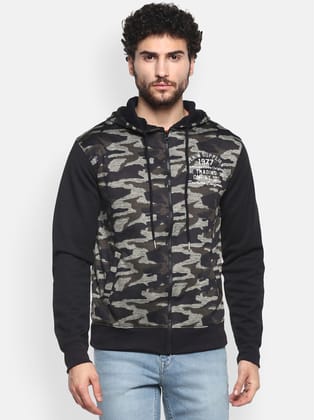 Men's Full Sleeves Fleece Winter Hoodie Jacket with YKK Zipper - Camo & Black-Large / Camo & Black