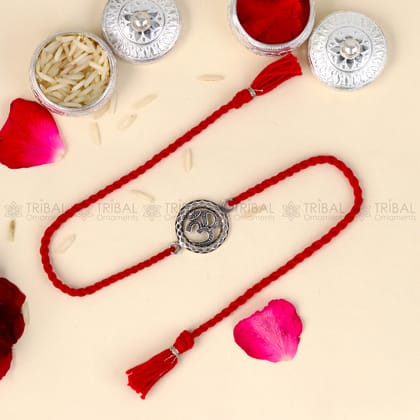 925 Sterling silver Lord Om / Shiv mantra design pendant Rakhi bracelet Rakshabandhan festival rk357-Red Thread