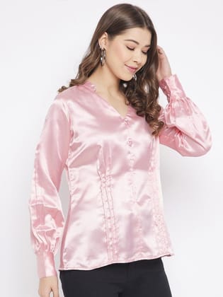 Pink Solid Mandarin Collar Satin Top
