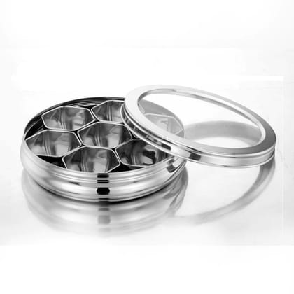 Softel Stainless Steel 7 Star Masala Dabba with Glass Lid | Silver