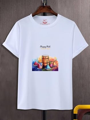 NITYANAND CREATIONS Round Neck White Holi T-Shirt for MEN-HOLI-T-SHIRT-11512-L
