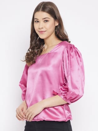 Women Pink Solid Square Neck Satin Blouson Top