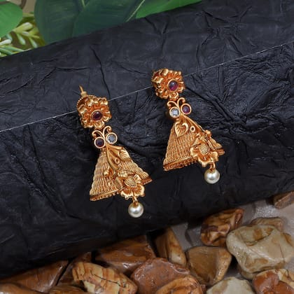 Traditional Gold-Plated Temple Earrings with Multicolor Stones and Deity Motif
