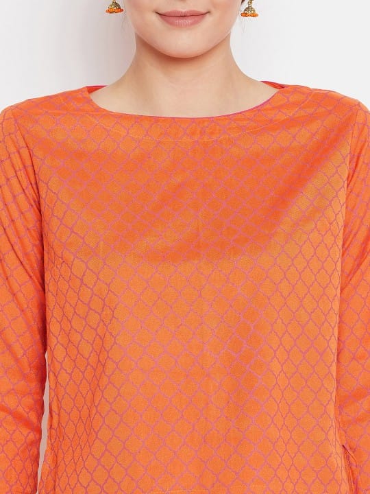 Women Orange Checked Self Design Top with Skirt