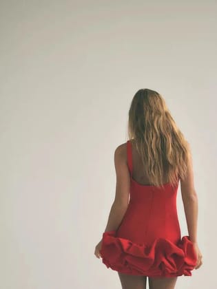 Crew Neck Sleeveless Ruffle Backless Romper-Red / L
