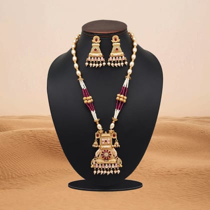 Rani Color Meena Work Matte Gold Rajwadi Temple Necklace Set (TPLN697RNI)-Length: 42.00 CM x Width: 1.50 CM / Pink / Alloy With Good Quality Matte Gold Plated