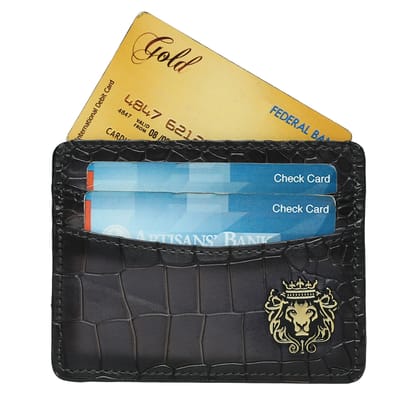 Grey Croco Deep Cut Leather With Golden Lion Logo Card Holder By Brune & Bareskin-FS