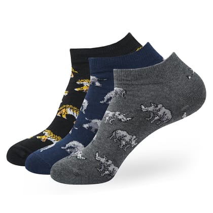 BALENZIA MEN'S WWF-INDIA ANIMAL PRINT LOWCUT SOCKS | 3-PACK | FREE SIZE-Stretchable from 25 cm to 33 cm / 3N