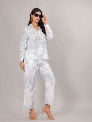 Tropical Print on White Cotton Shirt Set for Women-S