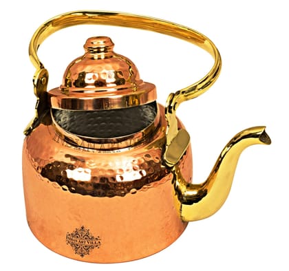 IndianArtVilla Handmade Pure Copper Designer Mughlai Tea Pot with Inner Lining - 650ml-300ml