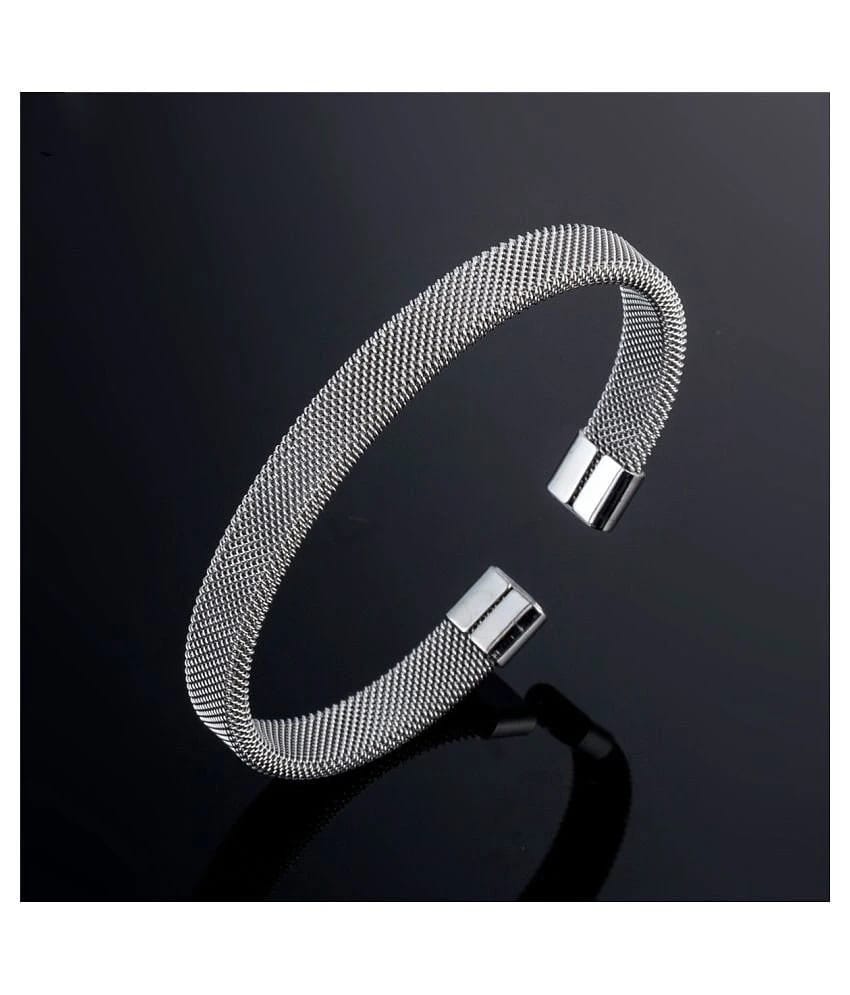 Slim Mesh Silver Plated 316L Surgical Stainless Steel Free Size Cuff Kada Bangle Bracelet For Men - None