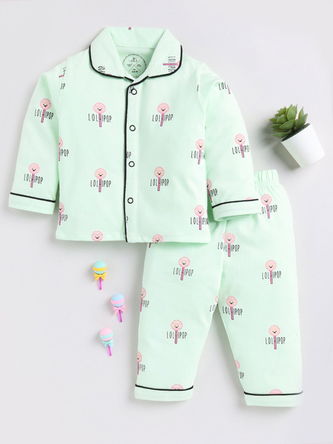 Green Lollipop Print Full Sleeve Night Suit-2-3 y