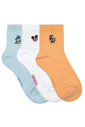 Balenzia x Disney Mickey ,Donald & Pluto Embroidered Half Cushioned High Ankle Socks for Women (Pack of 3 Pairs/1U)(Free Size) Orange,White & Blue-Stretchable from 19 cm to 30 cm / 3 N