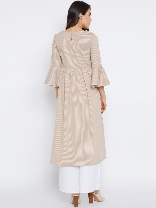 Women Beige & Red Striped A-line Kurta