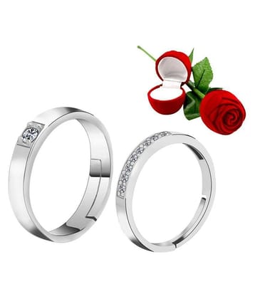 Silver Plated Adjustable Couple Rings Set for lovers Ring with 1 Piece Red Rose Gift Box  for Men and Women - None