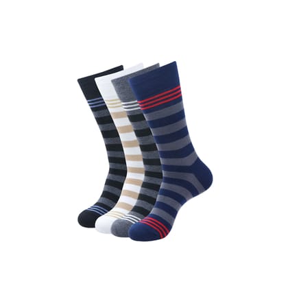 Balenzia Men's Formal/Casual Striped Calf length/Crew length socks (Pack of 4 Pairs/1U)Black/D.Grey/Navy/White-Stretchable from 25 cm to 33 cm / 4 N