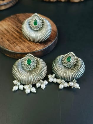 Designer Silver Replica Pearl Drops Stud Earrings & Adjustable Ring | Sarichka-Green