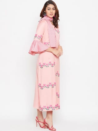 Peach-Coloured Ethnic Motifs Sheath Midi Dress