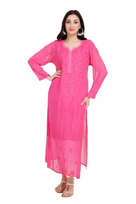 The Chikankari Story Chikankari Hand-Embroidered Georgette pink Kurti with Mukaish Work – Self-Design Lakhnavi Kurti for Women-S