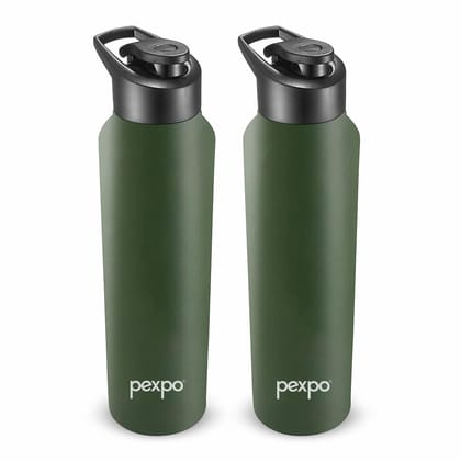 PEXPO Stainless Steel Sports/Fridge Water Bottle, 1000 ml, Pack Of 2, Military Green, Chromo | Wide Mouth & Leak-Proof Water Bottle