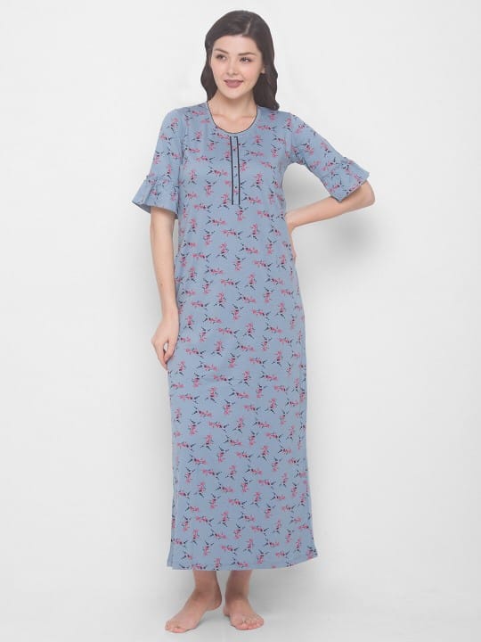 Grey Printed Pure Cotton Maxi Nightdress