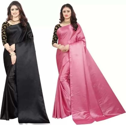 ANSH Womens Satin Solid Saree length (5.5m) & Blouse Piece Size (0.8m) (Black & Pink)