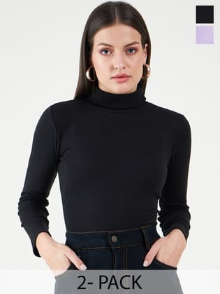 Pack Of 2 Long Sleeves Turtle Neck Cotton Fitted Tops