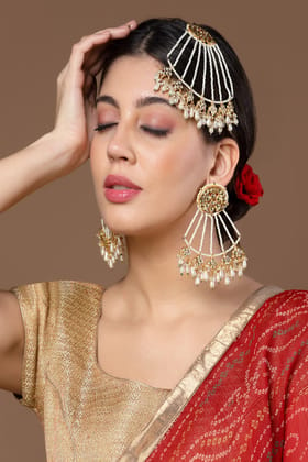 Gold & Cream Drop Earring with Kundan &  Pearls-Length of Earring= 11 CM; Width of Earring =3.5 CM; Adjustable - No / Gold, Cream, Green ,White