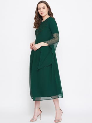 Women Green Embellished Hand Sequined A-Line Midi Dress