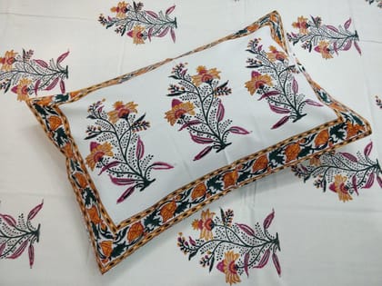 Orange-Multicolor Handblock Printed Cotton Double Bedcover with Pillow Covers (Set of 3) - Jaipur Handblocks