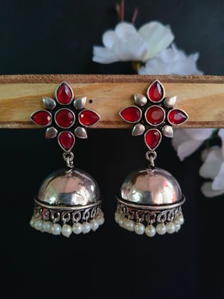 Trendy German Silver Pearl Jhumka Earrings for Elegant Style | Sarichka-Red