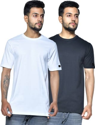 Pack of 2 Men Solid Round Neck Pure Cotton Blue, Black T-Shirt