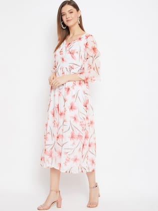 Women White & Pink Floral Printed A-Line Dress