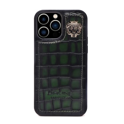 Mobile Cover In Green Deep Cut Croco Leather by Brune & Bareskin-12PROMX