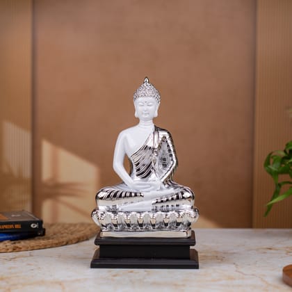 Elegant Sitting Buddha Idol Statue Showpiece for Home Decor Decoration and Gifting White Silver