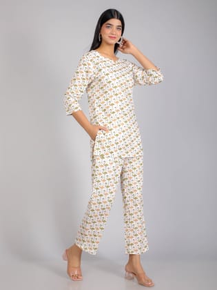 Flamingo Print on White Cotton Lounge Set for Women-S