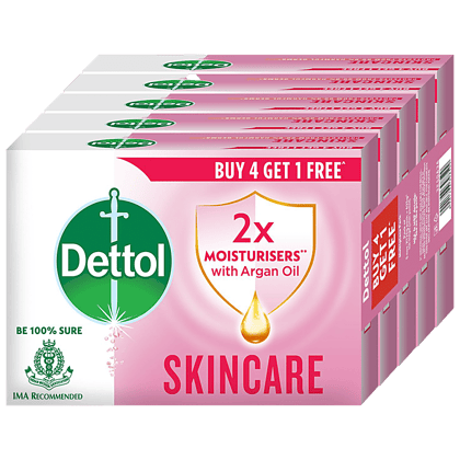 Dettol Skincare Moisturizing Bathing Soap Bar With Glycerine, 125 G Each (Buy 4 Get 1 Free)(Savers Retail)