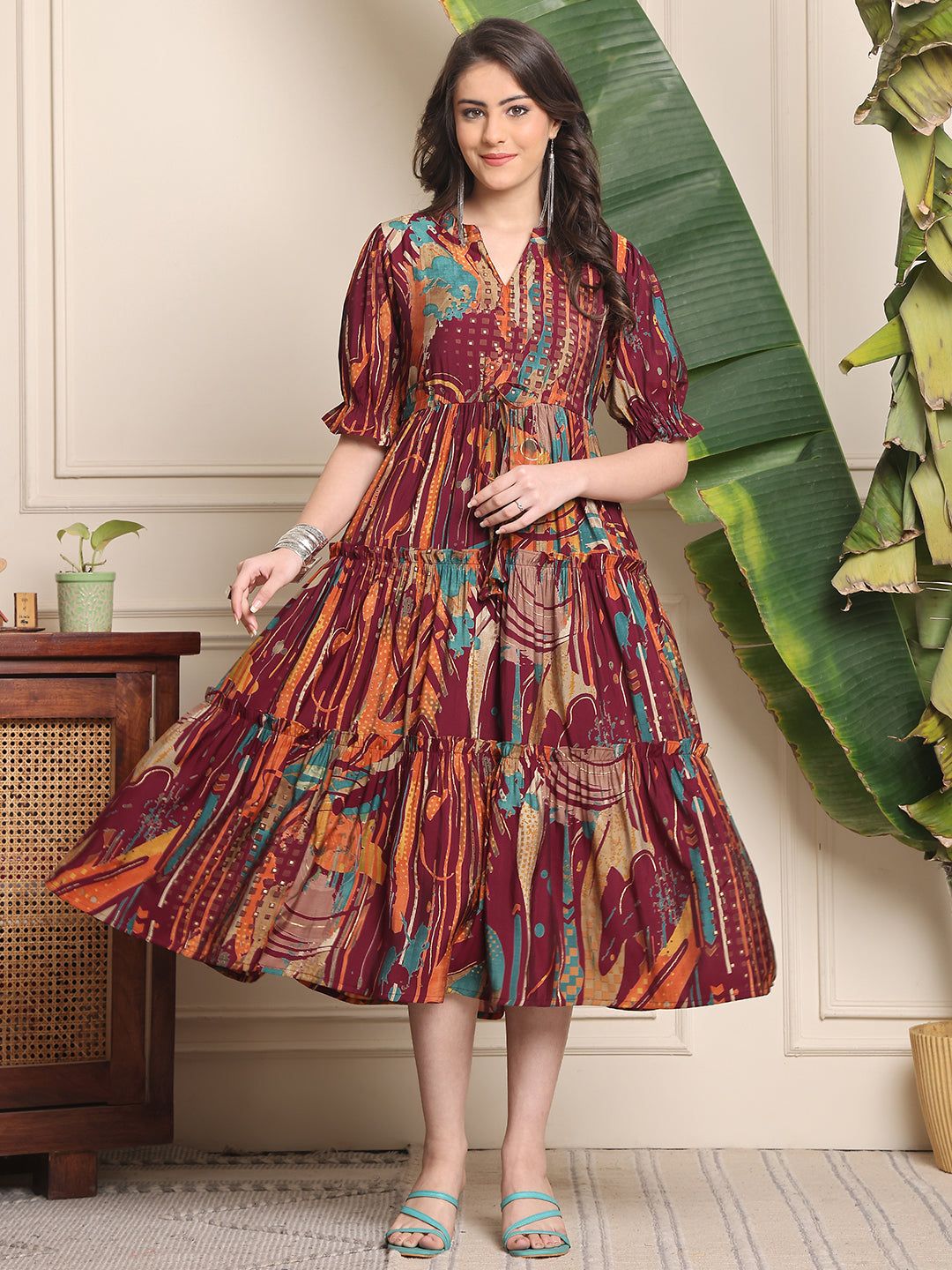 Purple Color Floral Printed Premium Chanderi Dress For Women-M