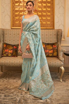 Pale Sky Blue Linen Silk Saree With Sequence Work