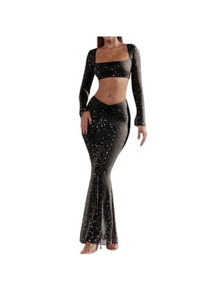 Rhinestone Top & Mermaid Skirt Coord Set-S / BLACK
