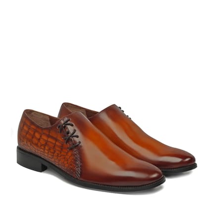 Tan Cross Stitched Side Lacing with Quarter Deep Cut Croco Leather Formal Shoes by Brune & Bareskin-40/6