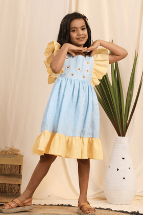 Flower Embroided Linen Dress-0-6 months