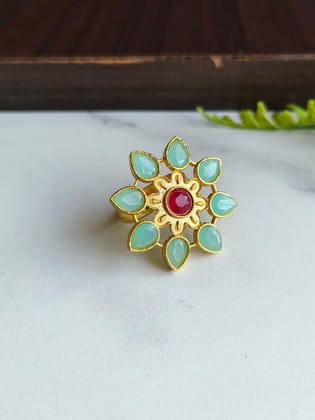 Gold Plated Flower Style with Stone Adjustable Finger Ring | Sarichka-Mint Blue+Magenta