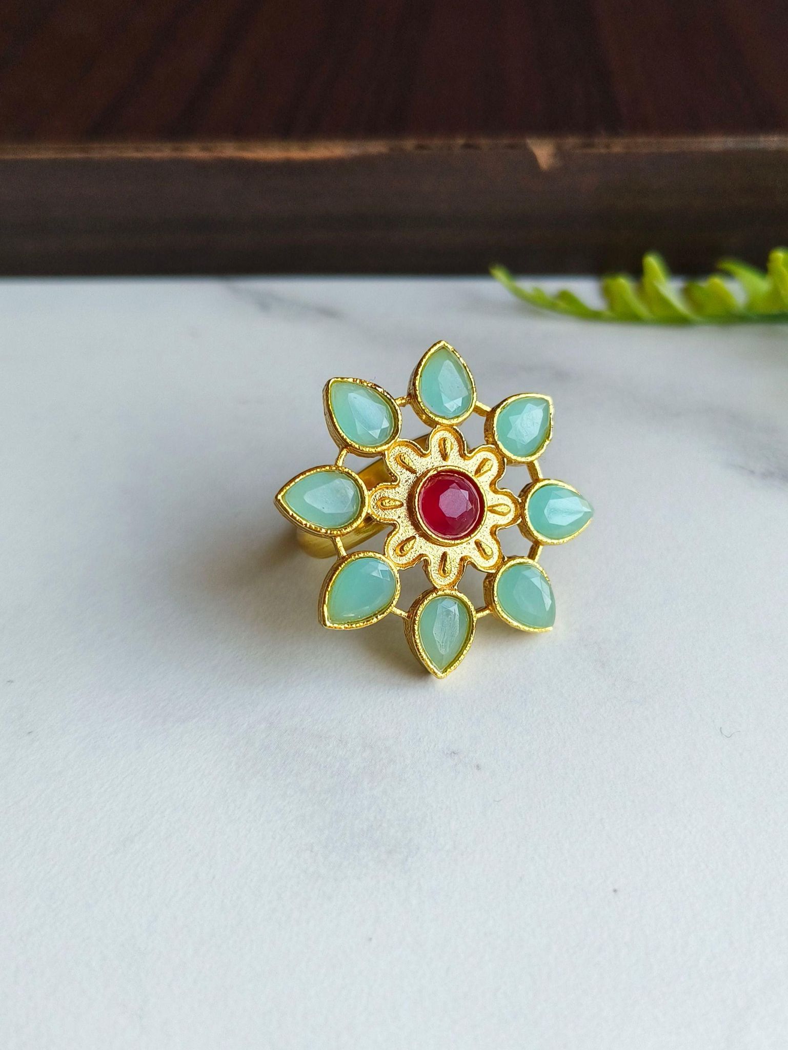 Gold Plated Flower Style with Stone Adjustable Finger Ring | Sarichka-Mint Blue+Magenta