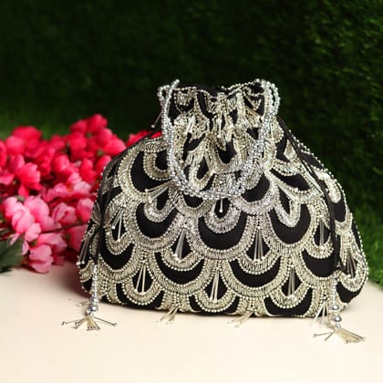 Black Potli Bag with exquisite silver circles embroidery