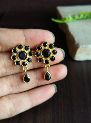 Daily Wear Gold Plated Brass Stone Stud Earrings for Elegance | Sarichka-Black
